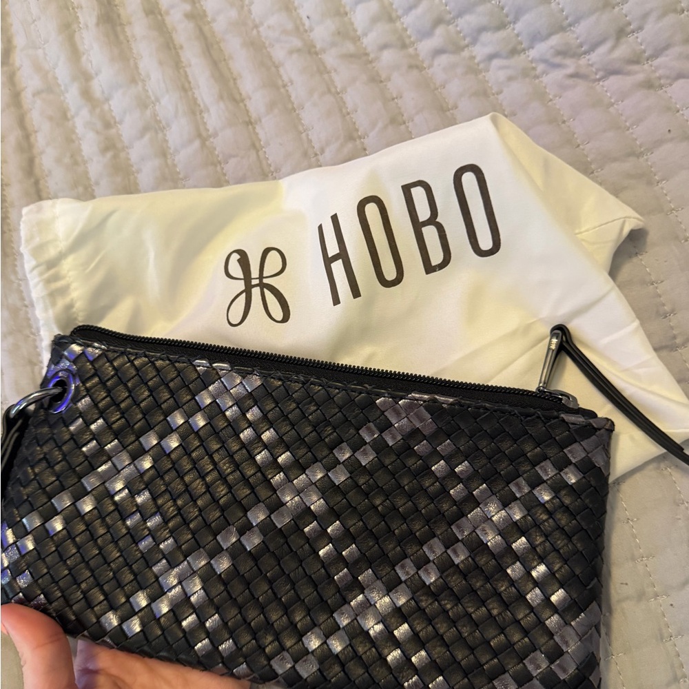 HOBO Black Woven Leather Wristlet with Subtle Silver Patterning